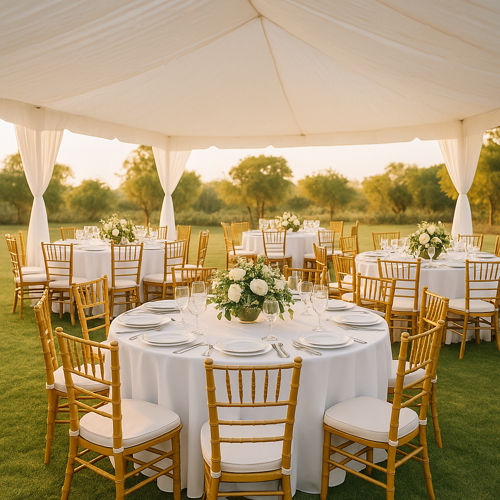Toldo con mesas y platos para eventos